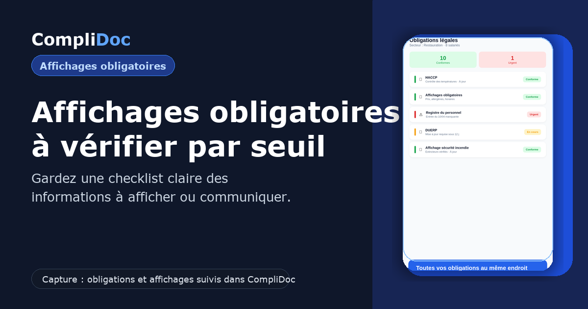 Capture d'écran CompliDoc pour suivre les affichages obligatoires d'un restaurant