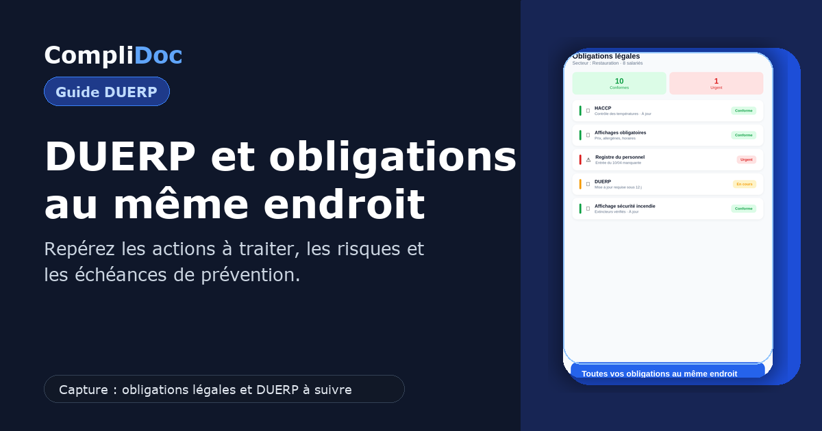 Capture d'écran CompliDoc avec obligations légales, DUERP et actions à suivre