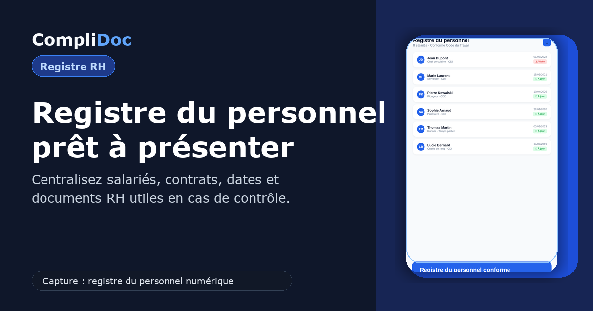 Capture d'écran CompliDoc avec registre du personnel pour une TPE